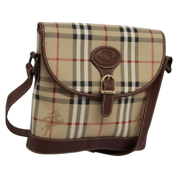 Burberrys Nova Check Shoulder Bag PVC Leather Beige Brown gold Auth BD093 - Picture 1 of 16